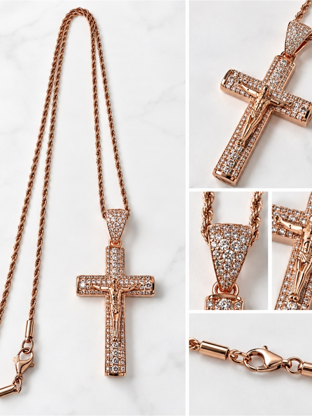 Rose Gold Pave Cross Pendant Necklace - Religious Jewelry